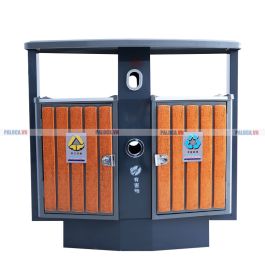 Thùng rác ngoài trời giả gỗ có mái chéo