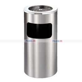 thùng rác inox tròn màu trắng có gạt tàn