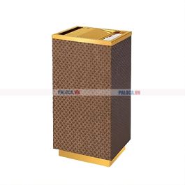 Thùng rác inox vàng bọc giả da vân caro, có gạt tàn