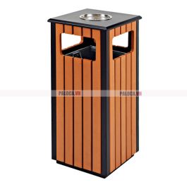 Thùng rác giả gỗ viền thép đen có gạt tàn
