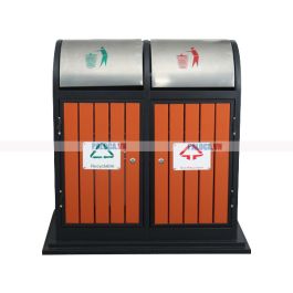 Thùng rác thép phun sơn kết hợp với giả gỗ, mái inox xước trắng