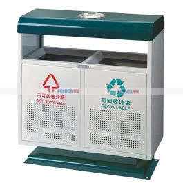 Thùng rác ngoài trời thép phun sơn xanh trắng có gạt tàn