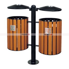 Thùng rác thép phun sơn kết hợp giả gỗ, có hai gạt tàn