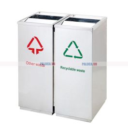 Thùng rác 2 ngăn inox nắp lật có gạt tàn