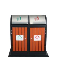 Thùng rác thép phun sơn kết hợp với giả gỗ, mái inox xước trắng