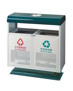 Thùng rác ngoài trời thép phun sơn xanh trắng có gạt tàn