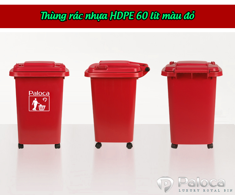 Thùng rác nhựa HDPE 60 lít màu đỏ