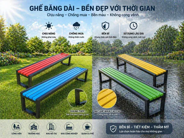 Ghế băng khung thép nan nhựa bền bỉ dưới thời tiết