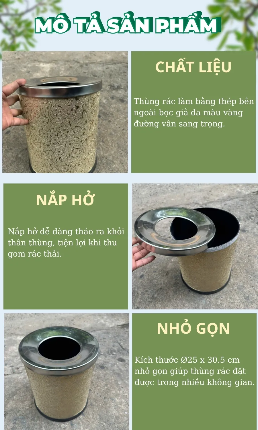 Đặc điểm thiết kế thùng rác bọc giả da