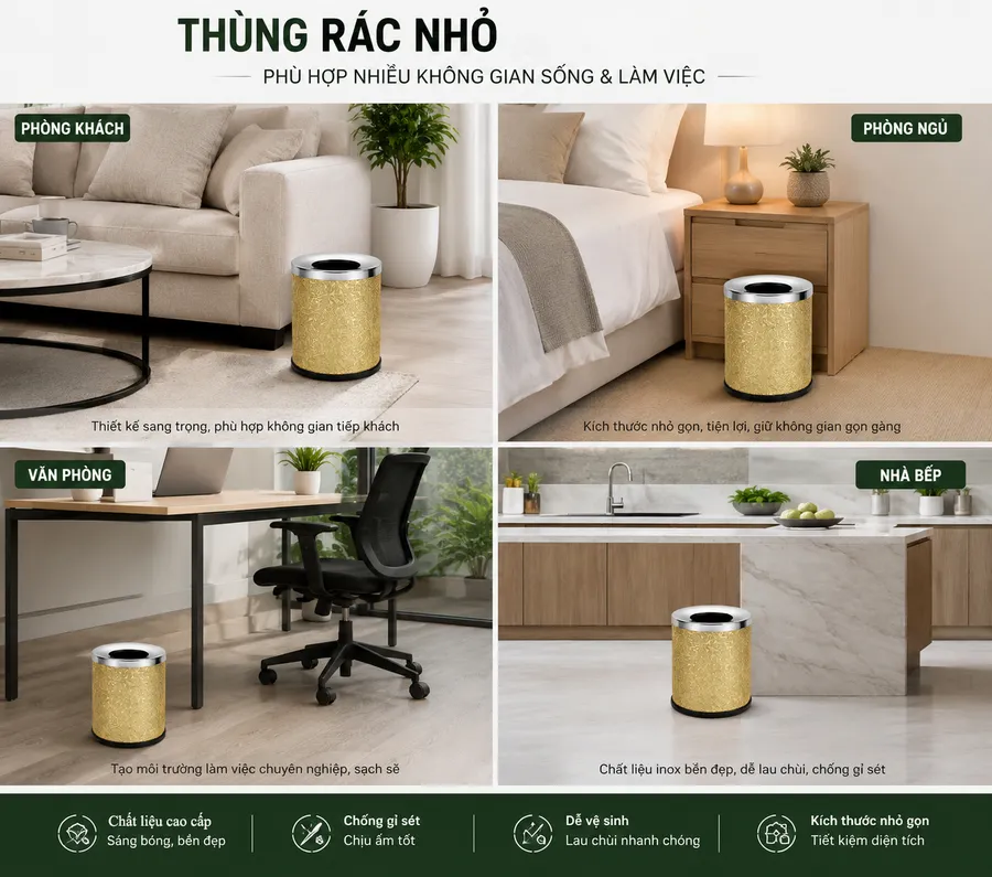 Thùng rác tròn bọc giả da được dùng ở nhiều không gian