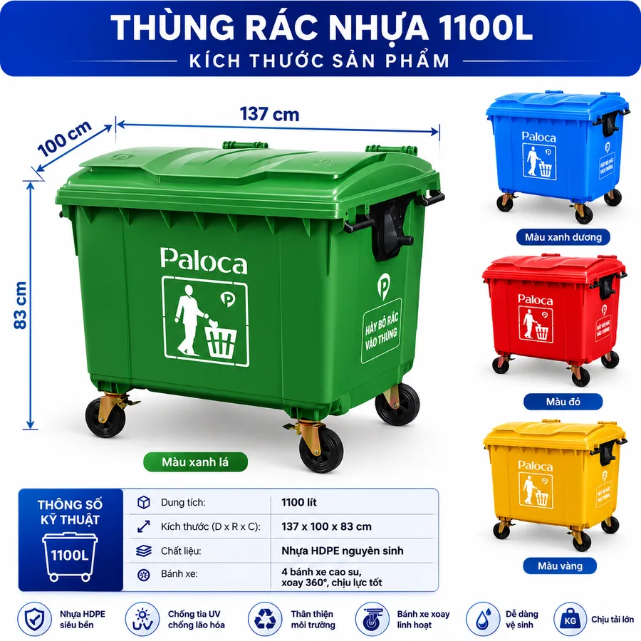 Màu sắc và kích thước thùng rác nhựa HDPE 1100L