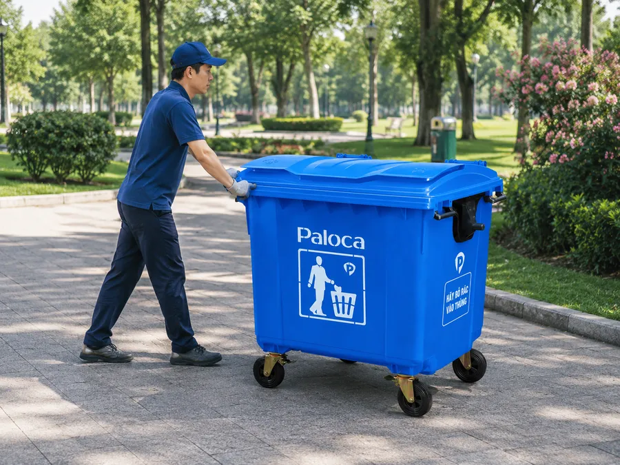 Dễ dàng đẩy và di chuyển thùng rác nhựa 1100 lit 4 bánh