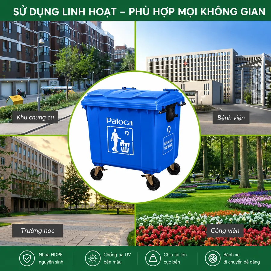 Mẫu thùng rác cỡ lớn 1100L được sử dụng ở nhiều không gian