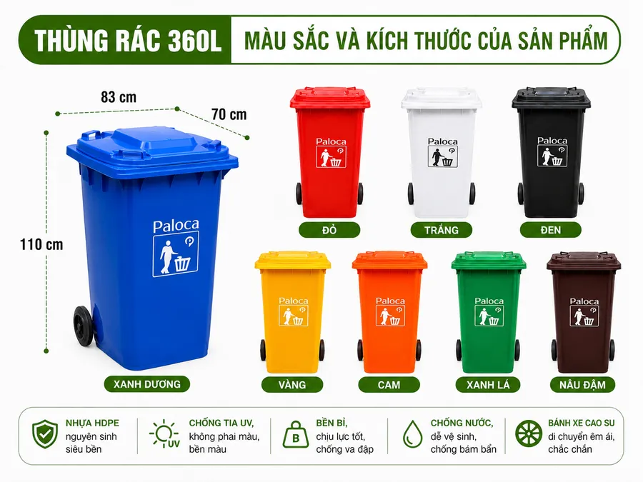 Chi tiết kích thước và bảng màu sắc thùng rác nhựa 360 lít