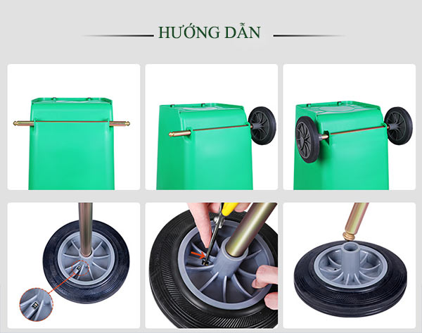 Lắp trục và bánh xe vào thùng rác