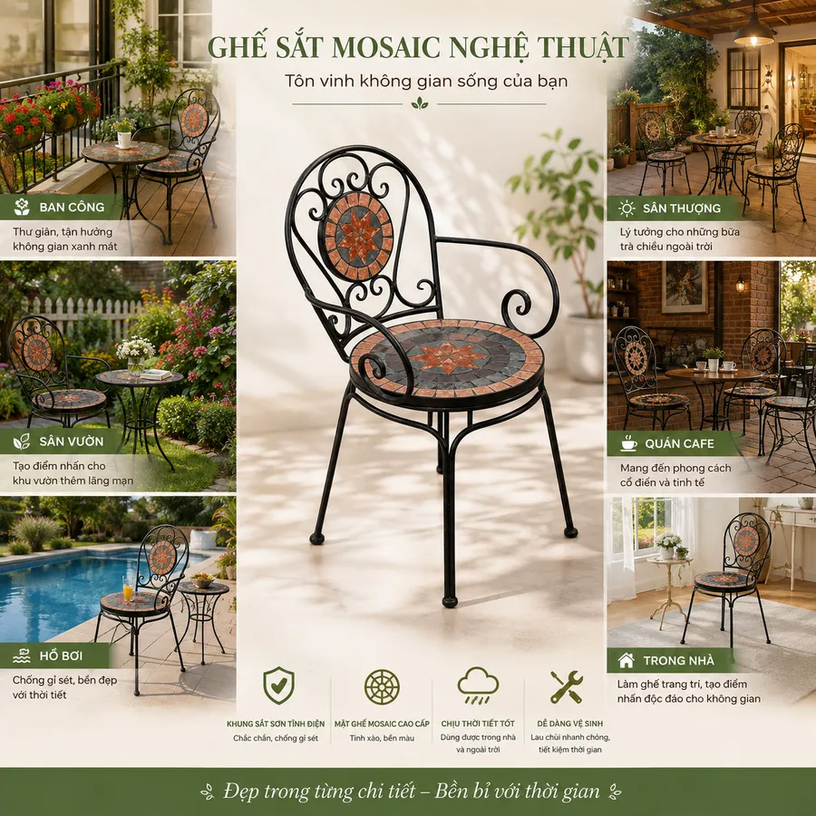 ghế sắt Mosaic dùng được ở nhiều không gian