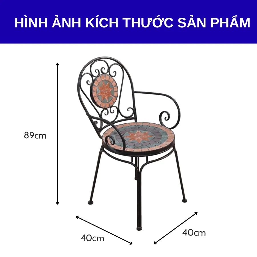 Kích thước ghế sắt Mosaic sân vườn ngoài trời