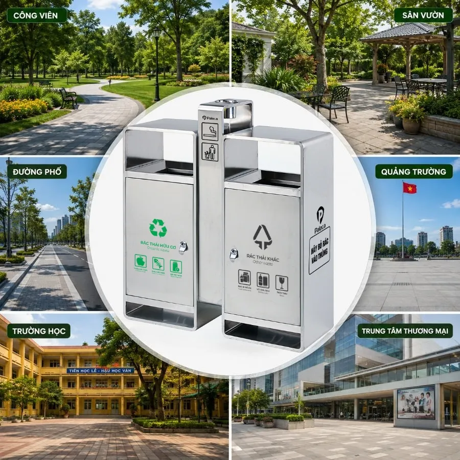 Không gian nên sử dụng thùng rác đôi bằng inox loại có gạt tàn