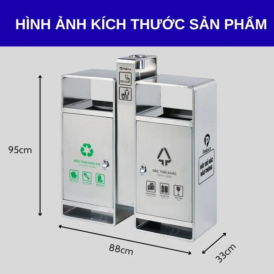 Kích thước thùng rác inox gạt tàn 2 ngăn ngoài trời