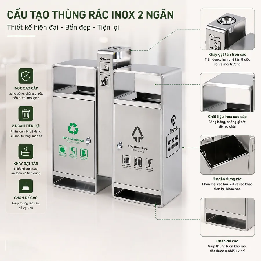 Đặc điểm cấu tạo thùng rác đôi bằng inox