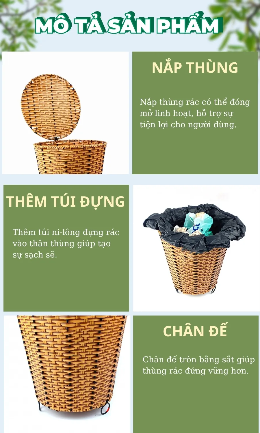 Đặc điểm thiết kế thùng rác trong phòng bằng mây nhựa