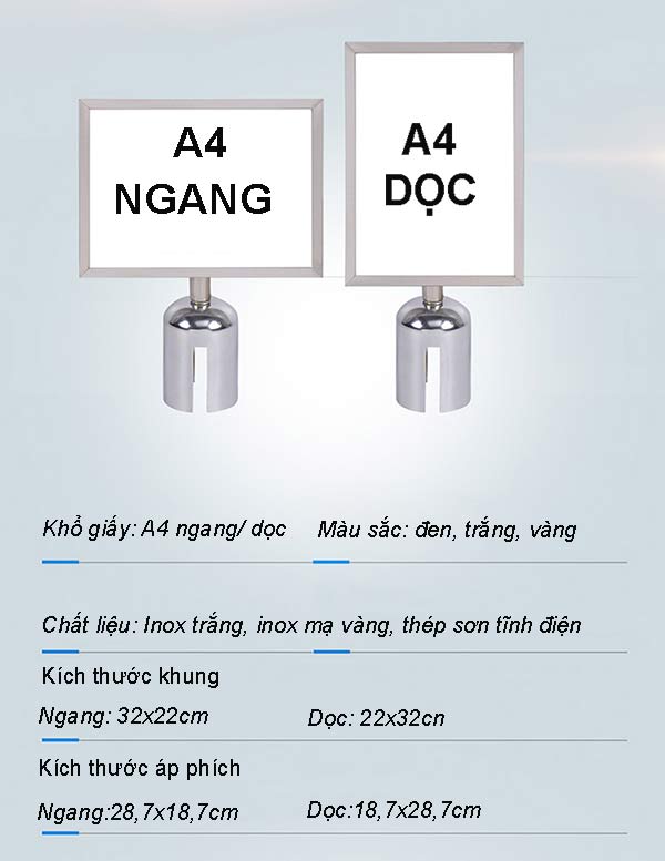 Kích thước bảng thông tin cỡ A4 gắn đầu cột chắn