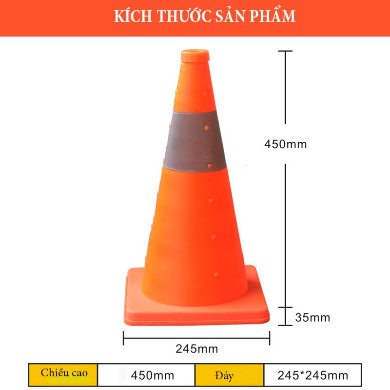 Chi tiết kích thước cọc tiêu chóp nón gấp gọn 45cm