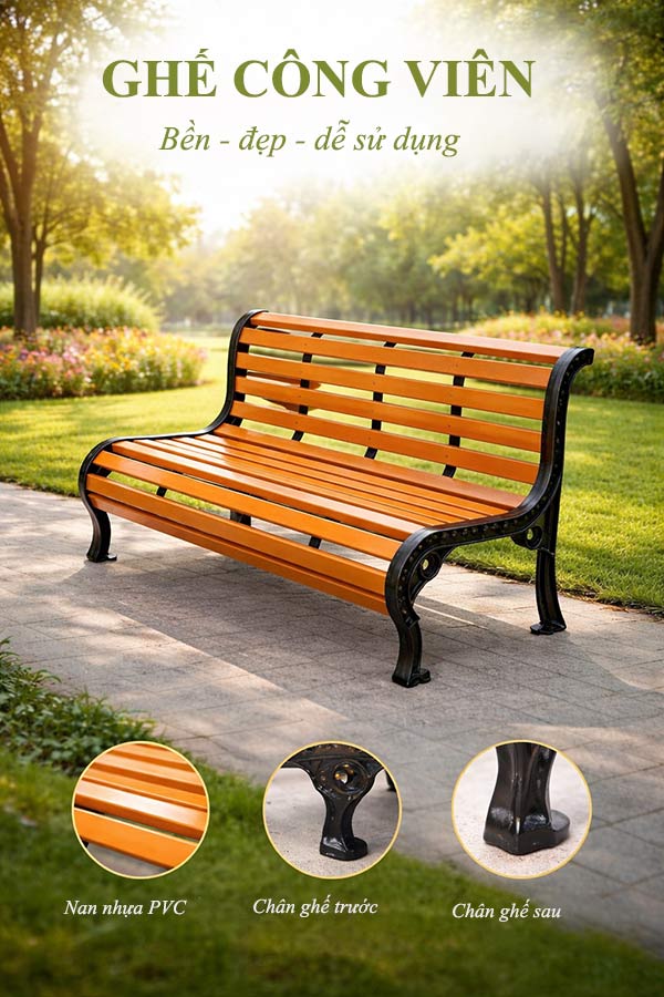 Ghế ngồi công viên nan nhựa PVC khung hợp kim nhôm 1.5m