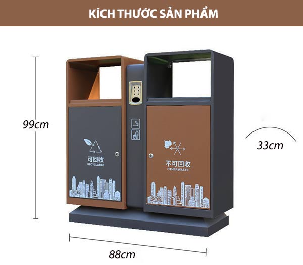Kích thước thùng rác thép sơn màu 2 ngăn