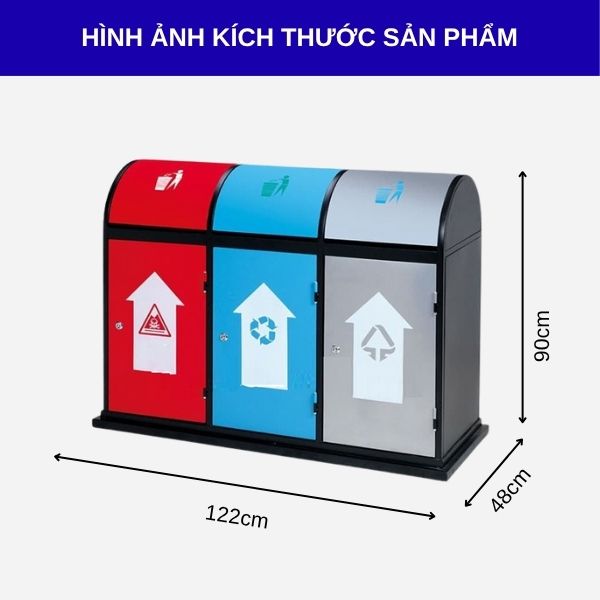 Kích thước thùng rác 3 ngăn bằng thép sơn tĩnh điện