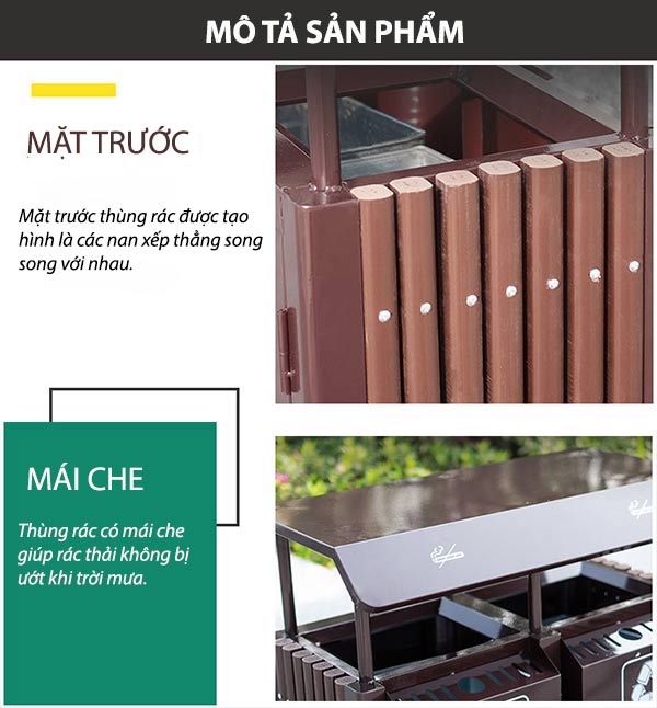 Đặc điểm thiết kế của thùng rác thép 2 ngăn mái che 