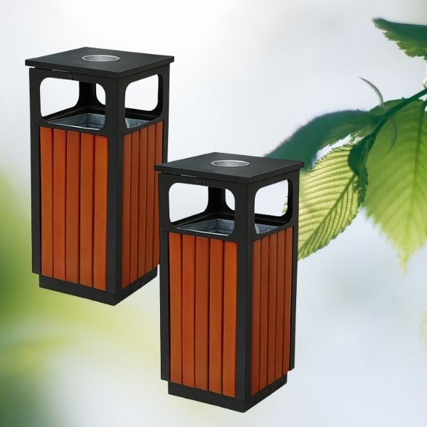 Thùng rác ngoài trời giả gỗ có gạt tàn
