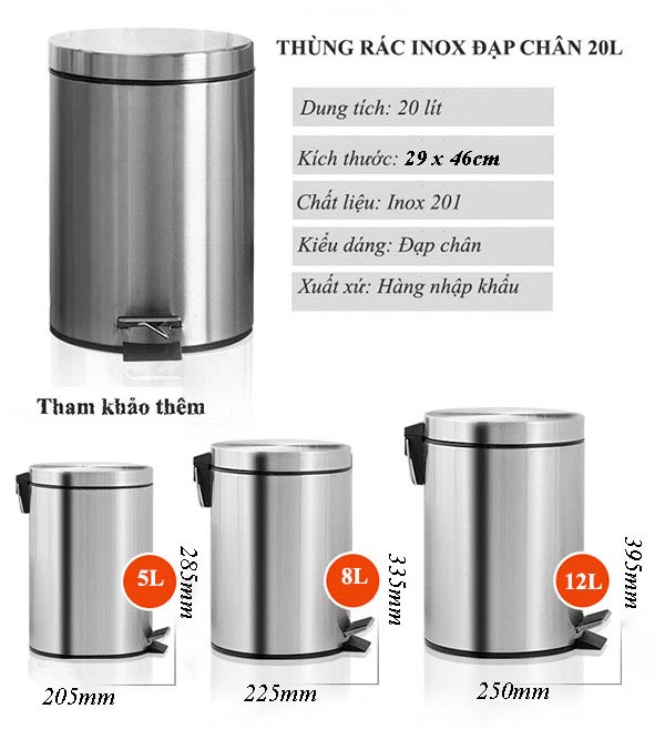 Kích thước thùng rác inox 20L