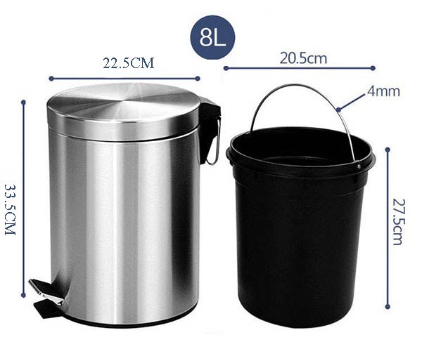 Kích thước thùng rác inox đạp chân 8 lít nhỏ gọn