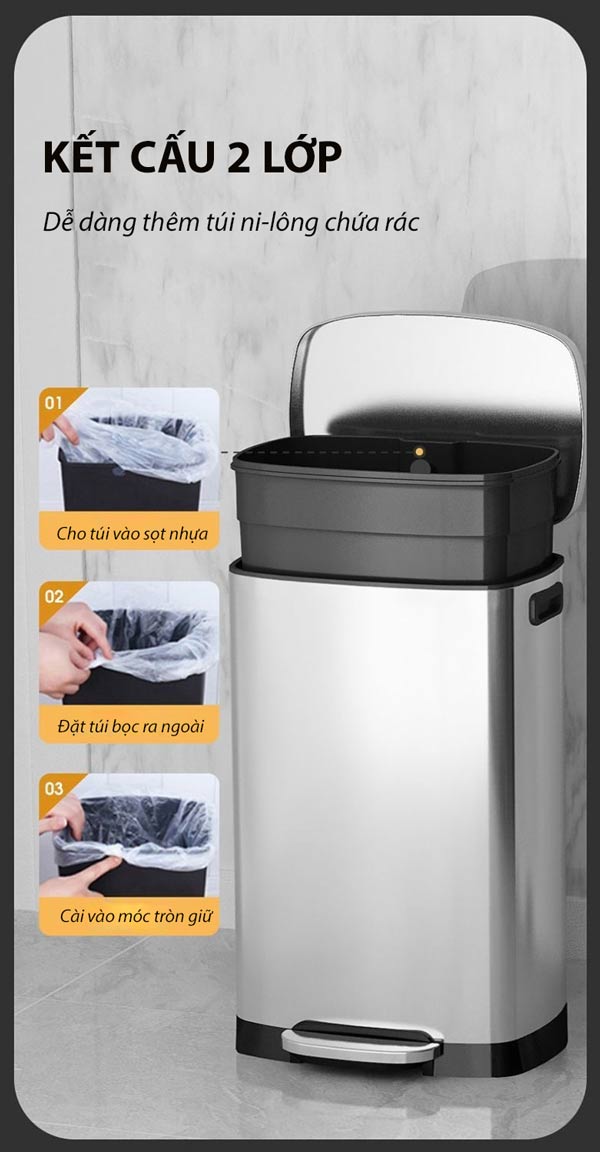 Thùng rác kết cấu 2 lớp, sạch sẽ và tiện lợi