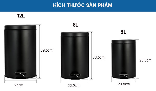 Kích thước và dung tích thùng rác inox sơn đen