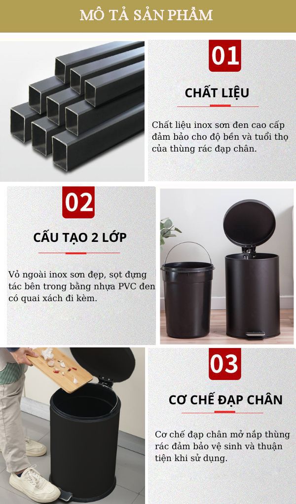 Đặc điểm cấu tạo thùng rác đạp chân sơn đen