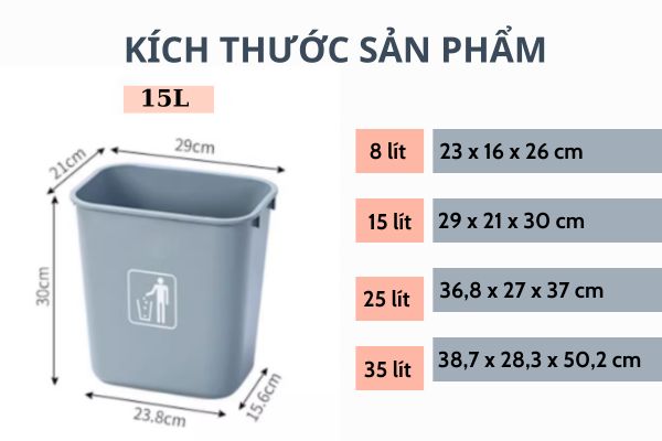 Chi tiết kích thước và dung tích thùng rác không nắp