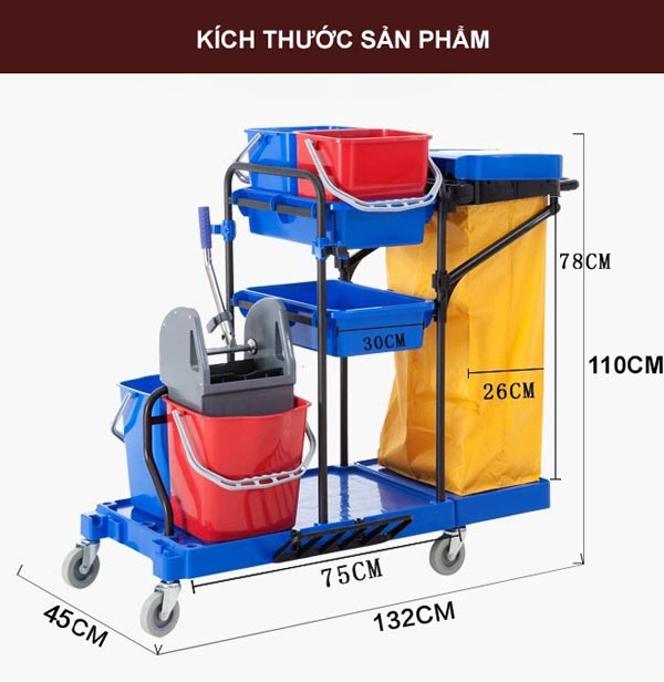 Kích thước xe dọn vệ sinh 3 tầng công nghiệp