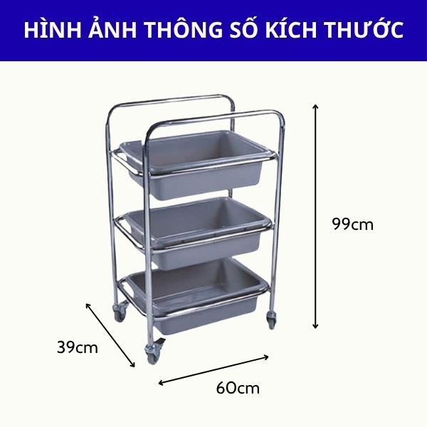Kích thước xe thu gom bát đĩa khung inox cao cấp