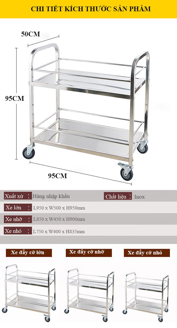 Kích thước xe đẩy 2 tầng bằng inox