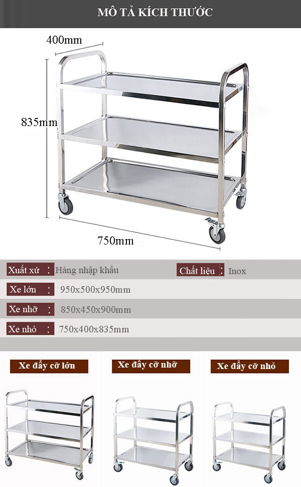 Tham khảo các kích thước xe đẩy 3 tầng bằng inox