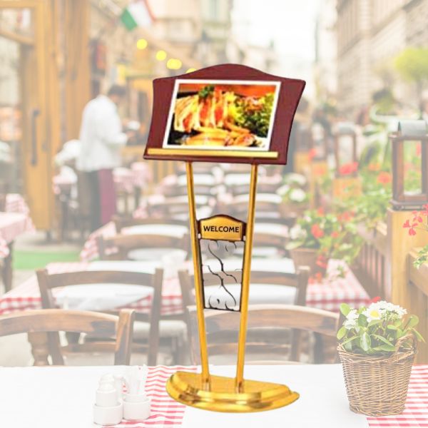 Bảng menu đặt trước cửa nhà hàng inox mạ vàng