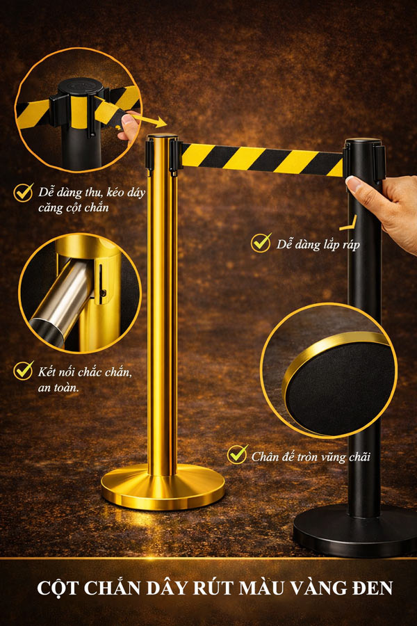 Mỗi chi tiết của cột chắn dây màu vàng đen kéo căng đều chuẩn chỉ