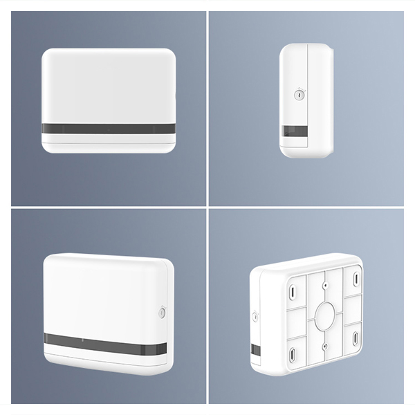 Các mặt trước và sau của hộp nhựa treo tường để giấy vệ sinh