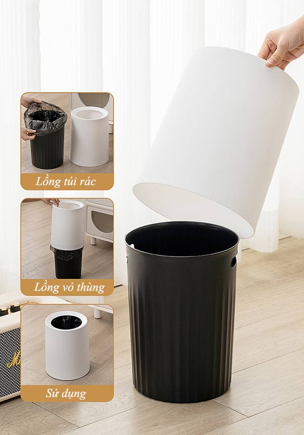 Kết cấu 2 lớp dễ dàng tháo rời của thùng rác nhựa không nắp