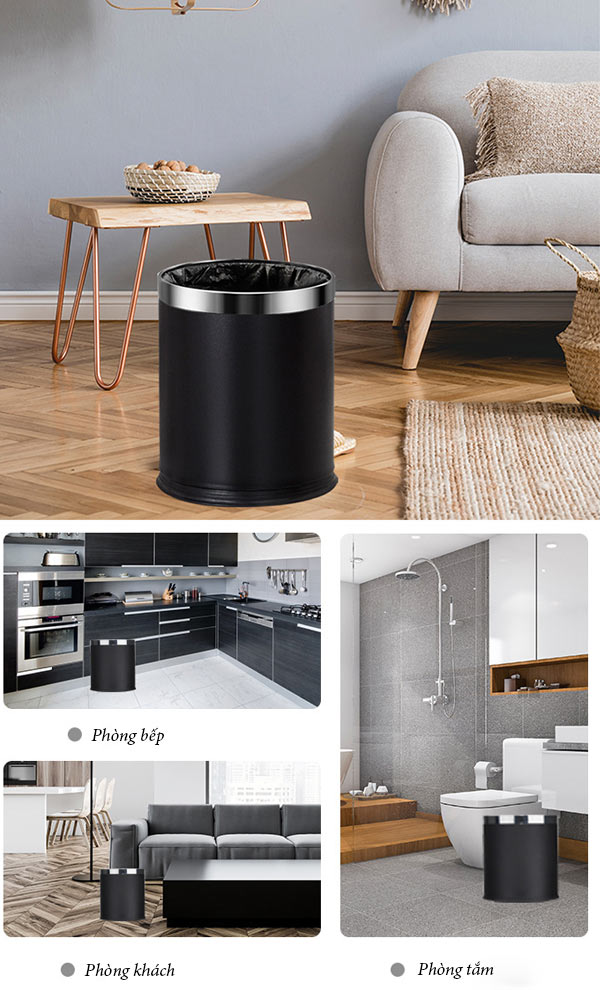 Thùng rác thép sơn đen viền inox