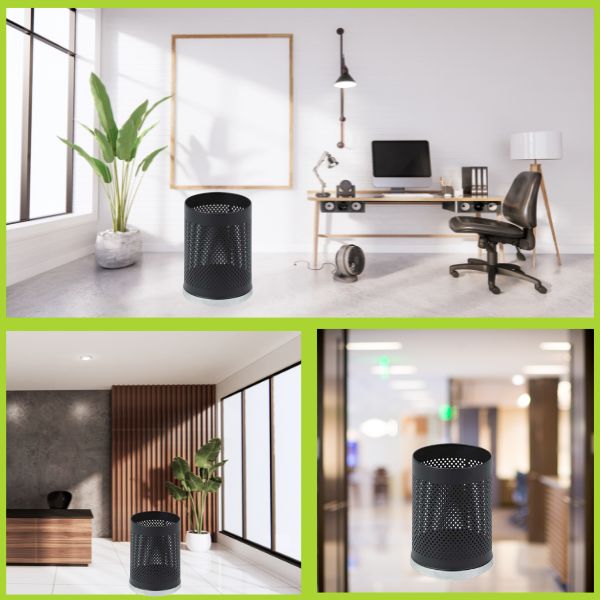 Mẫu thùng rác tròn không nắp thép đen sử dụng ở nhiều không gian