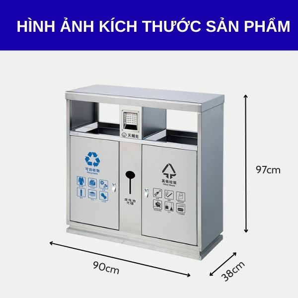 Chi tiết kích thước thùng rác 2 ngăn bằng inox