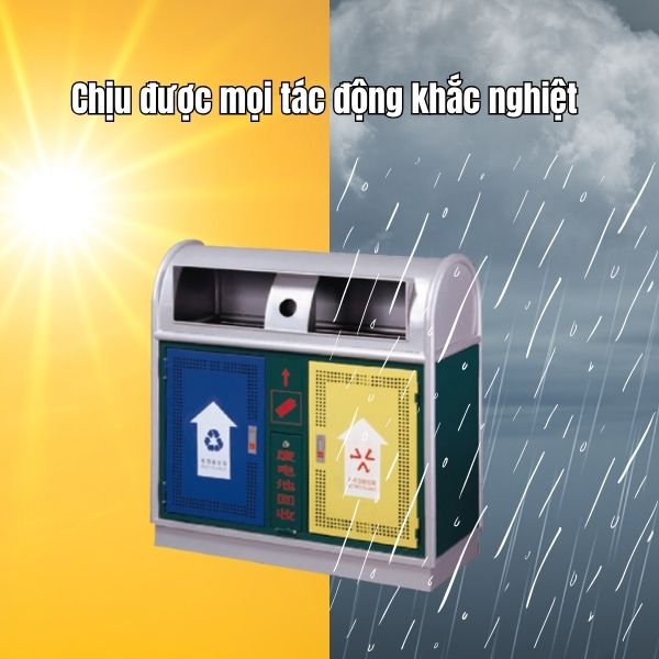 Chất liệu cao cấp giúp thùng rác 2 ngăn bằng thép chịu được nắng mưa